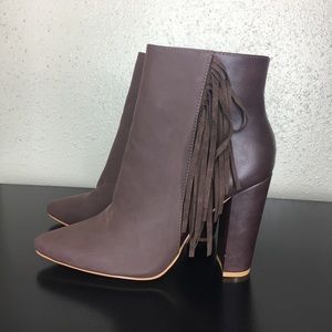 Brown faux leather fringe booties